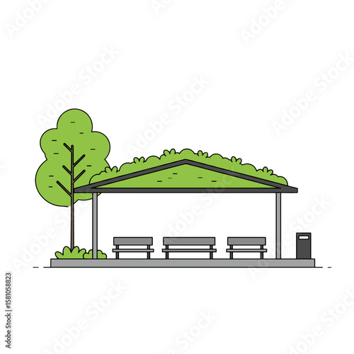 Eco-friendly public shelter with green roof and urban seating