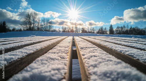 An iron rail track disappears into a snowy winter landscape under a cloudy sky, creating a metal path of transportation through the frozen trees