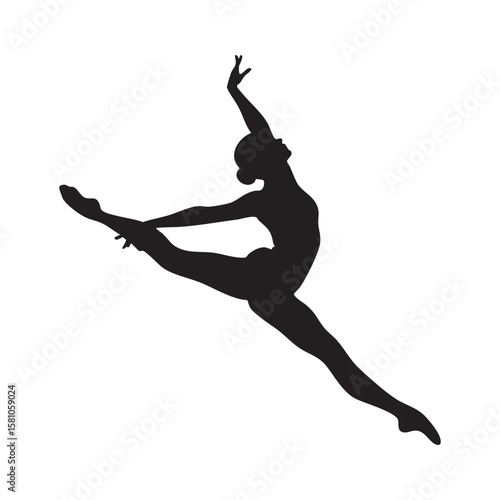 Graceful dancer performing a split leap in silhouette isolated on white background