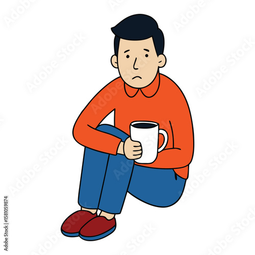 A tired man sits quietly, clutching a warm coffee mug, seeking a moment of calm and comfort as exhaustion lingers in his eyes and posture after a long day.
