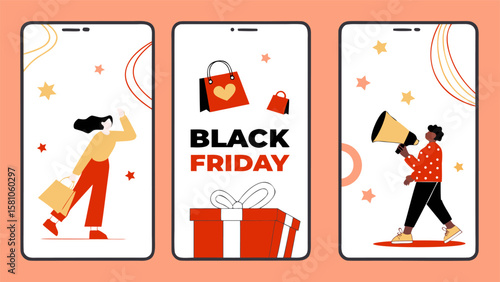 Three phone screens showing a woman with shopping bags, black friday sale, and a woman with megaphone