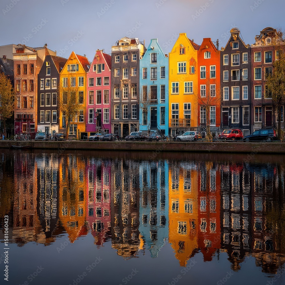 Obraz premium Vibrant row of colorful houses reflected in calm water.