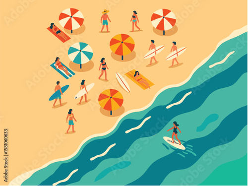Lively Beach Day with Surfers, Sunbathers, and Vibrant Umbrellas – Summer Coastal Illustration