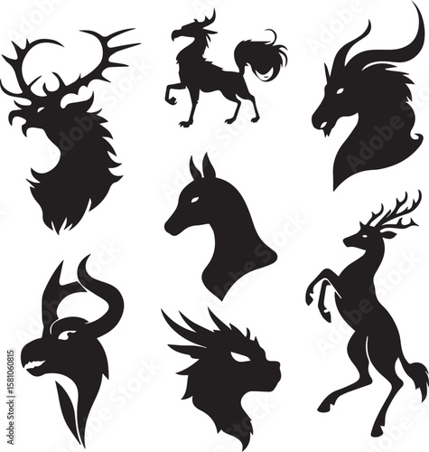 Collection of mythical creature silhouettes featuring dragons unicorns and antlered beasts
