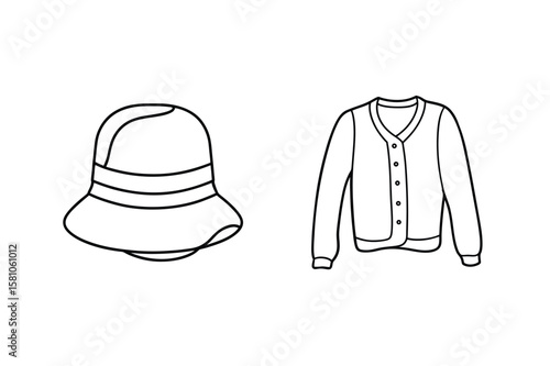 Black and white line art of hat and cardigan clothing