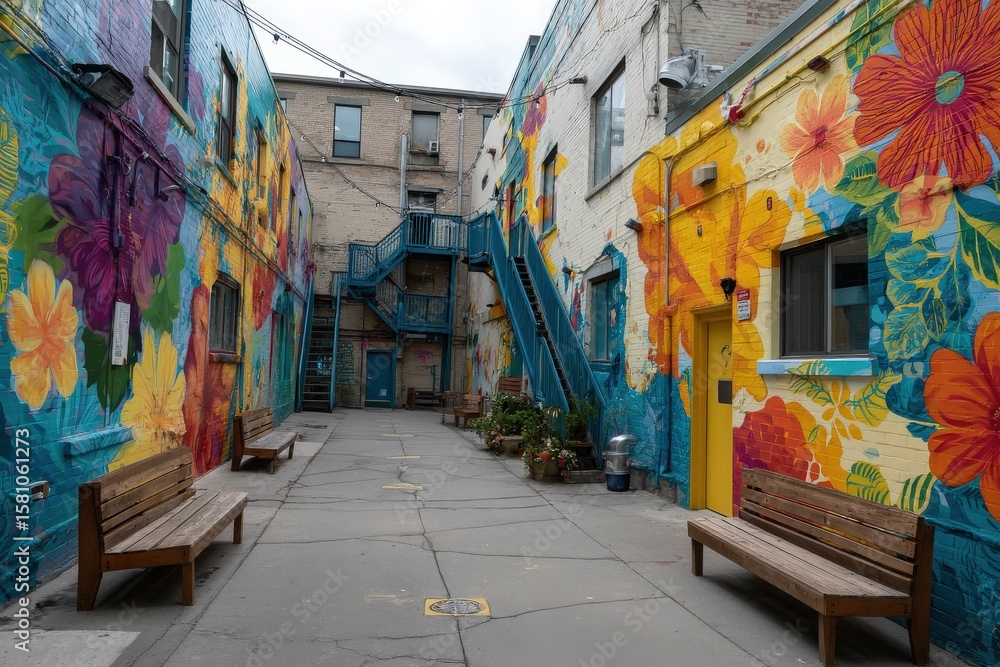 Vibrant floral murals brighten a city alleyway. Two wooden benches offer a peaceful spot. Vibrant floral murals brighten a city alleyway. Two wooden benches offer a peaceful spot.