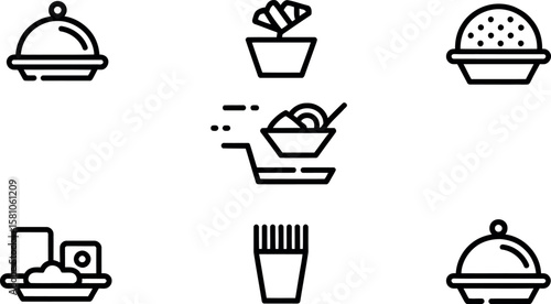 Modern Line Icons: Food Delivery Service, Restaurant Menu, Takeaway Containers