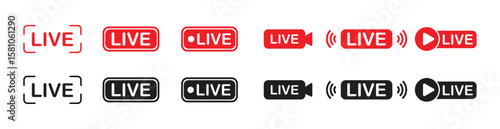 Live streaming icon set broadcast, Online video, Live badge buttons red and black variants vector