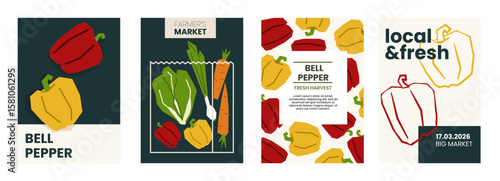 Fresh bell pepper illustration. Simple posters with organic vegetable for farmers market advertising. Vector templates with copyspace. Set of harvested vegetables in minimal hand drawn and flat style.