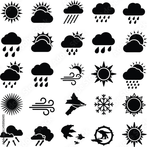 Weather icons. Weather forecast icon set. Clouds logo. Weather , clouds, sunny day, moon, snowflakes, wind, sun day. Vector illustration.