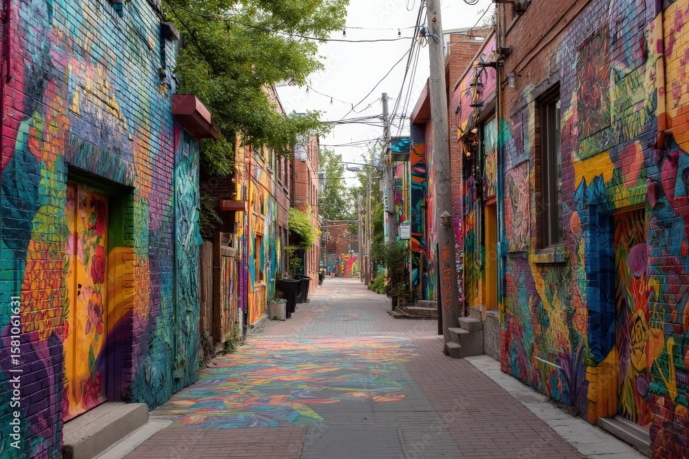 Fototapeta premium Vibrant street art transforms a city alley into a colorful canvas.