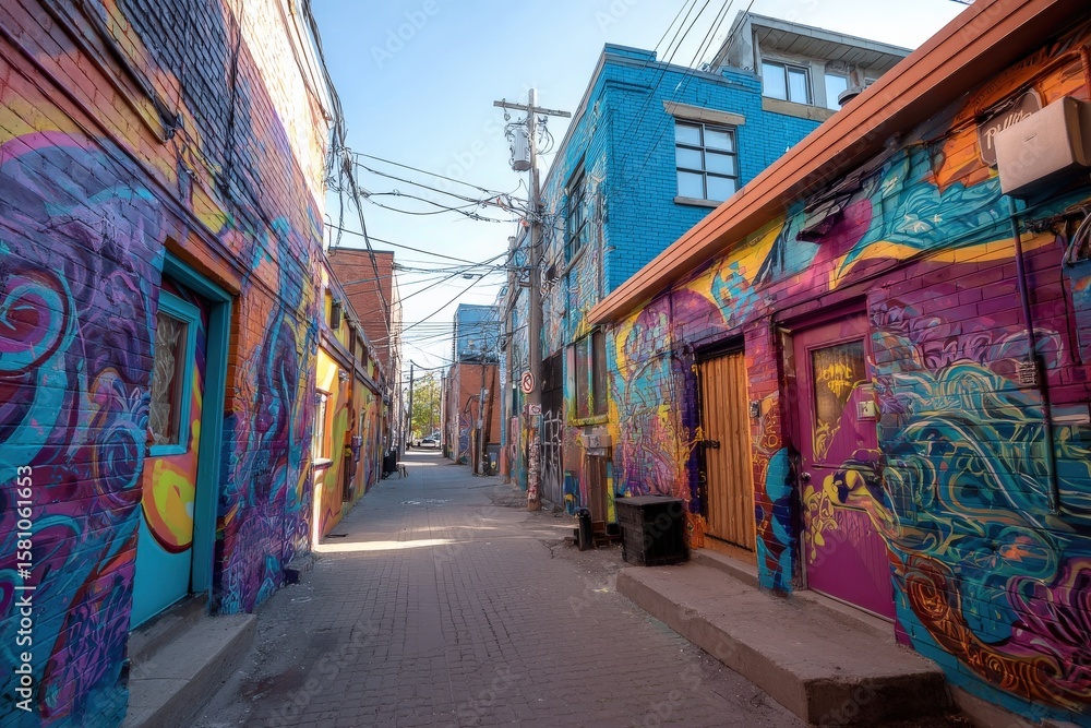 Naklejka premium Vibrant street art transforms a city alley into a colorful canvas.