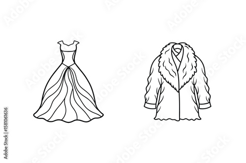 Elegant gown and luxurious fur coat line art drawing