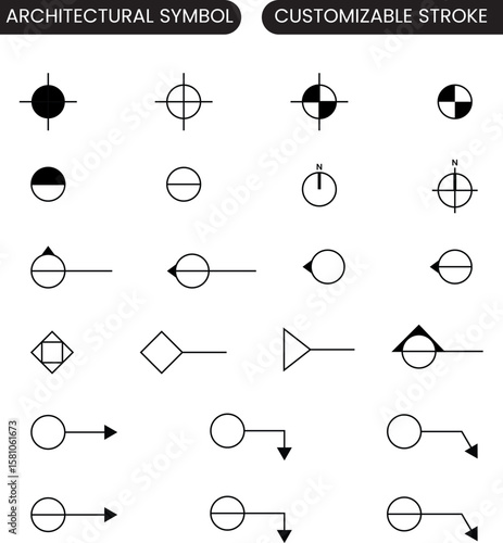 Architectural icon set, elevation marker, detail number, north point, wall section, partition, customizable stroke, vector, illustration