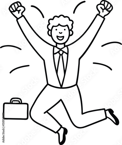 Happy cartoon vector illustration of a jumping businessman with arms raised