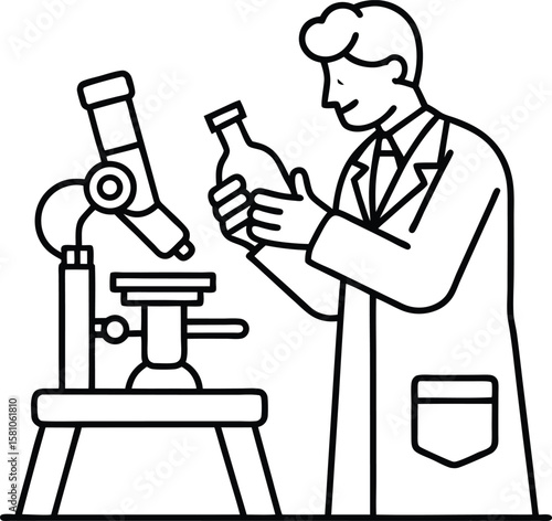 Cartoon illustration of a scientist working in a laboratory with a microscope