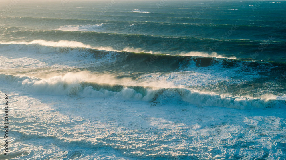 Fototapeta premium Aerial views over crashing sea waves on rocking ocean crop