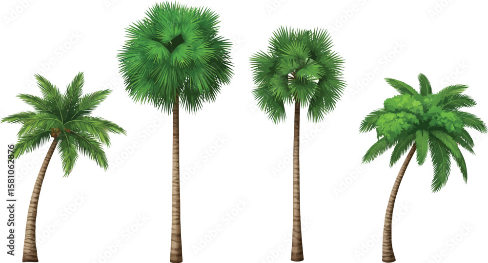 Obraz premium Four palm trees of various species isolated on a transparent background