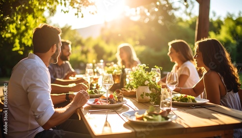 Friends enjoying a meal outdoors under a sunny canopy