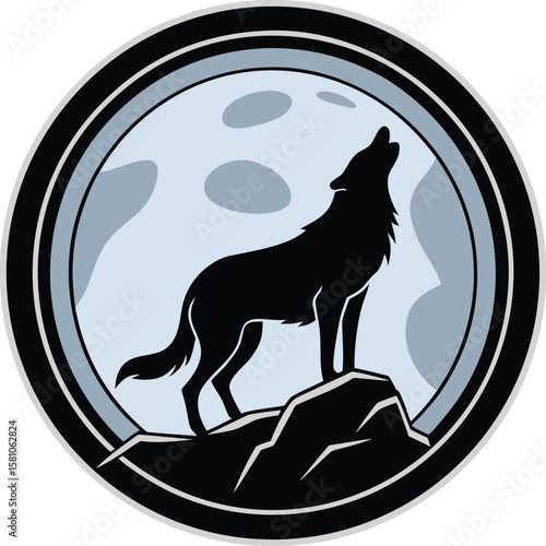 Stylized silhouette of a wolf howling at the full moon on a rocky outcrop