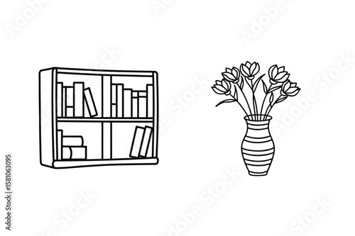 Bookshelf with books and vase with tulips flowers