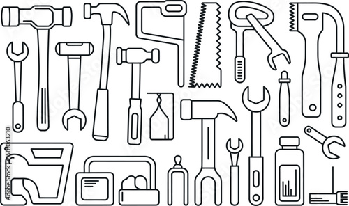 Line art tools collection: hammers, wrenches, saws, and more.