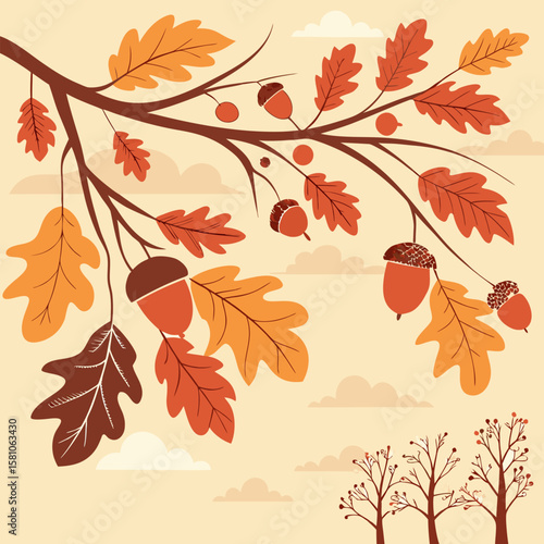 Autumnal scene featuring oak leaves and acorns hanging from branches against a cloudy background design
