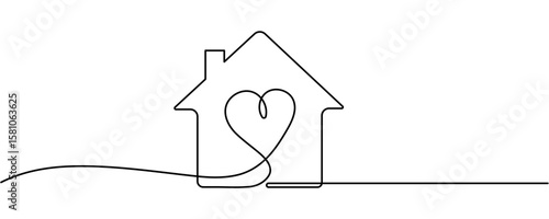 Home Sweet Home Continuous Line Icon, Heart inside house continuous one line drawn. Love home concept. Editable stroke