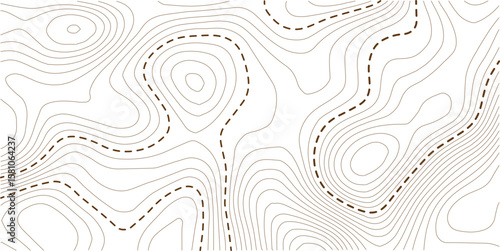  Vector contour map in minimal design. Brown dashed lines highlight elevation and landform. Useful for geospatial, educational, and environmental content.
