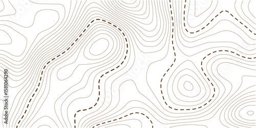  Vector contour map in minimal design. Brown dashed lines highlight elevation and landform. Useful for geospatial, educational, and environmental content.
