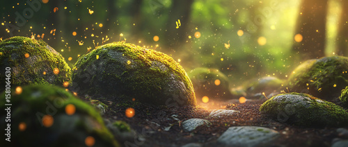 Fototapeta Naklejka Na Ścianę i Meble -  A bright Christmas tree glow illuminates the dark forest night with a star pattern and 3D texture design