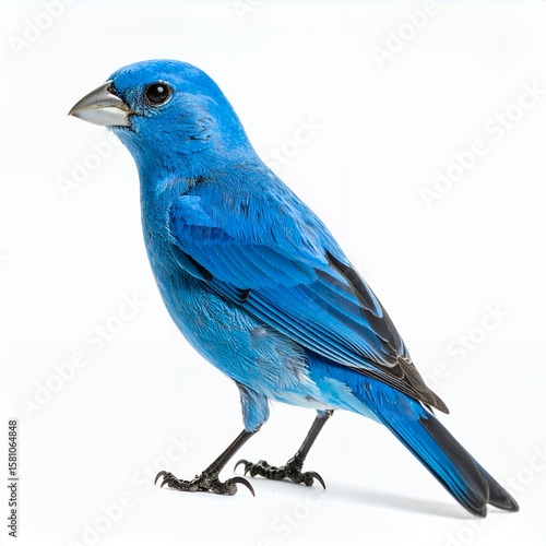Vibrant indigo bunting portrait showcasing vibrant plumage standing on a solid surface on white background