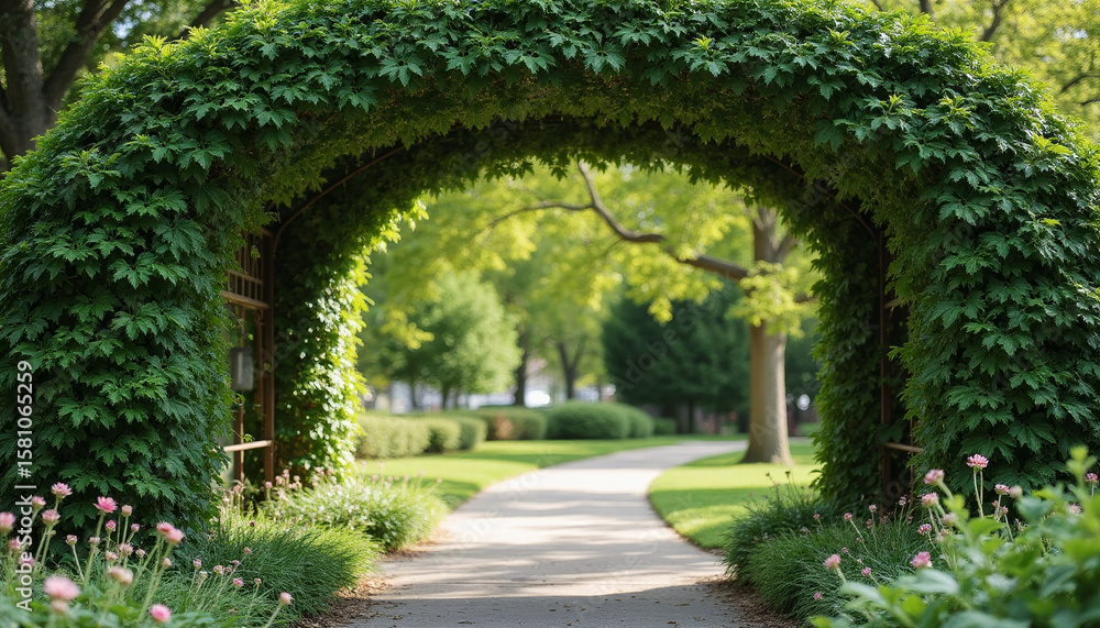 Fototapeta premium Garden arbor with ivy and winding stone path through sunlit park. Garden arbor with ivy offers idyllic entry to lush green space, dotted with pink flowers beneath verdant canopy.