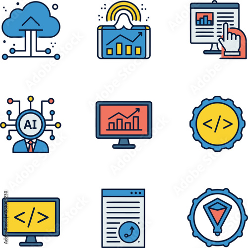 Colorful Technology Icons Cloud Charts AI Code and Data Analysis.