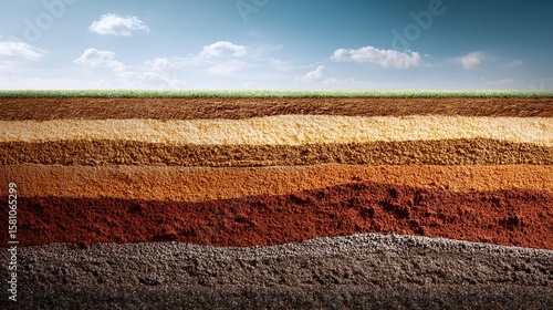 Illustrated cross-section of soil displaying layers of earth beneath a green field and blue sky, showing different soil compositions and colors.
