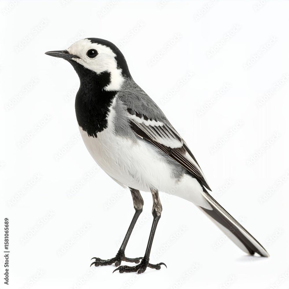 Elegant pied wagtail bird portrait displaying monochrome plumage detailing on white background Elegant pied wagtail bird portrait displaying monochrome plumage detailing on white background