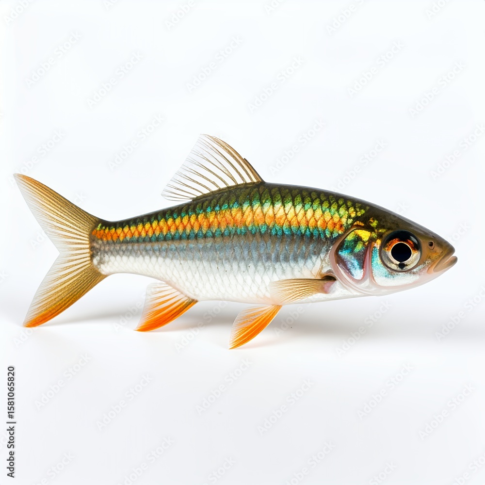 Fototapeta premium Radiant barb specimen showcasing vibrant coloration and detailed anatomy on white background