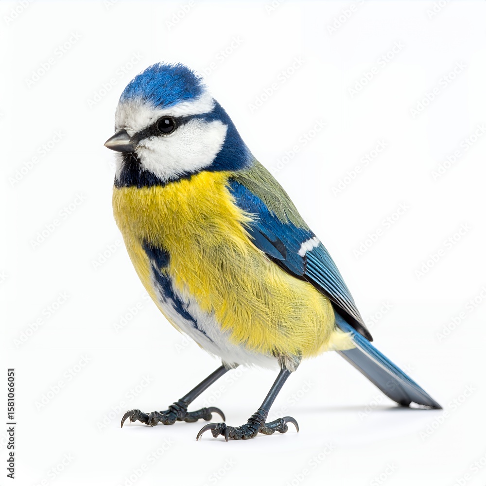 Obraz premium Detailed portrait of a charming eurasian blue tit bird with vibrant plumage on white background