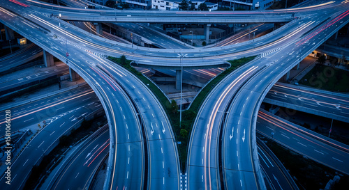 Aerial view of a complex highway interchange showing traffic light trails at night creates a modern dynamic urban transport landscape