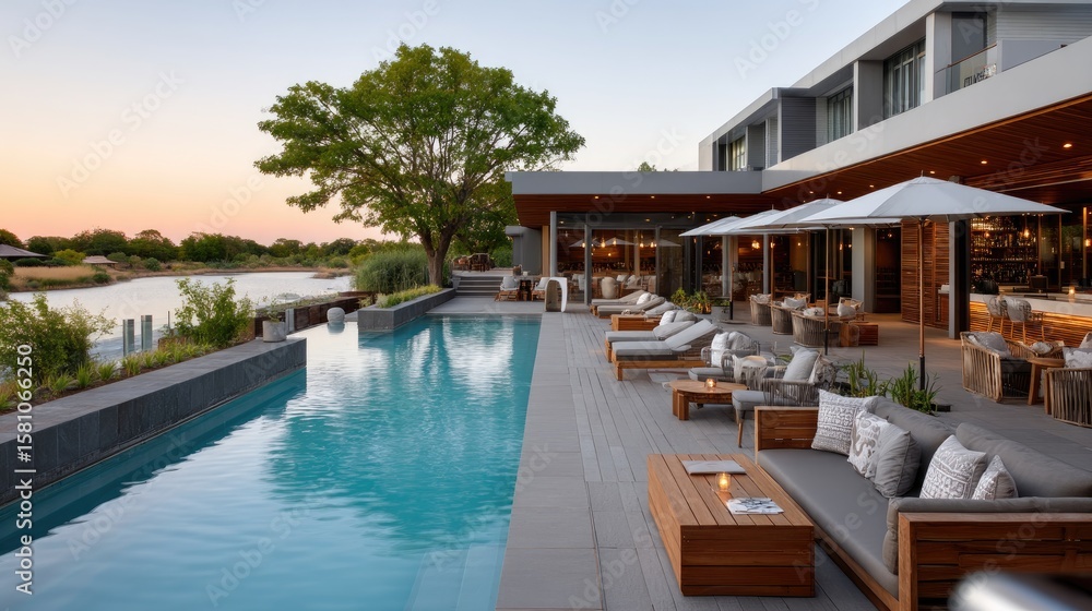 Fototapeta premium Twilight casts golden hues as a hippo lounges in a lavish infinity pool while a man enjoys the serene desert view