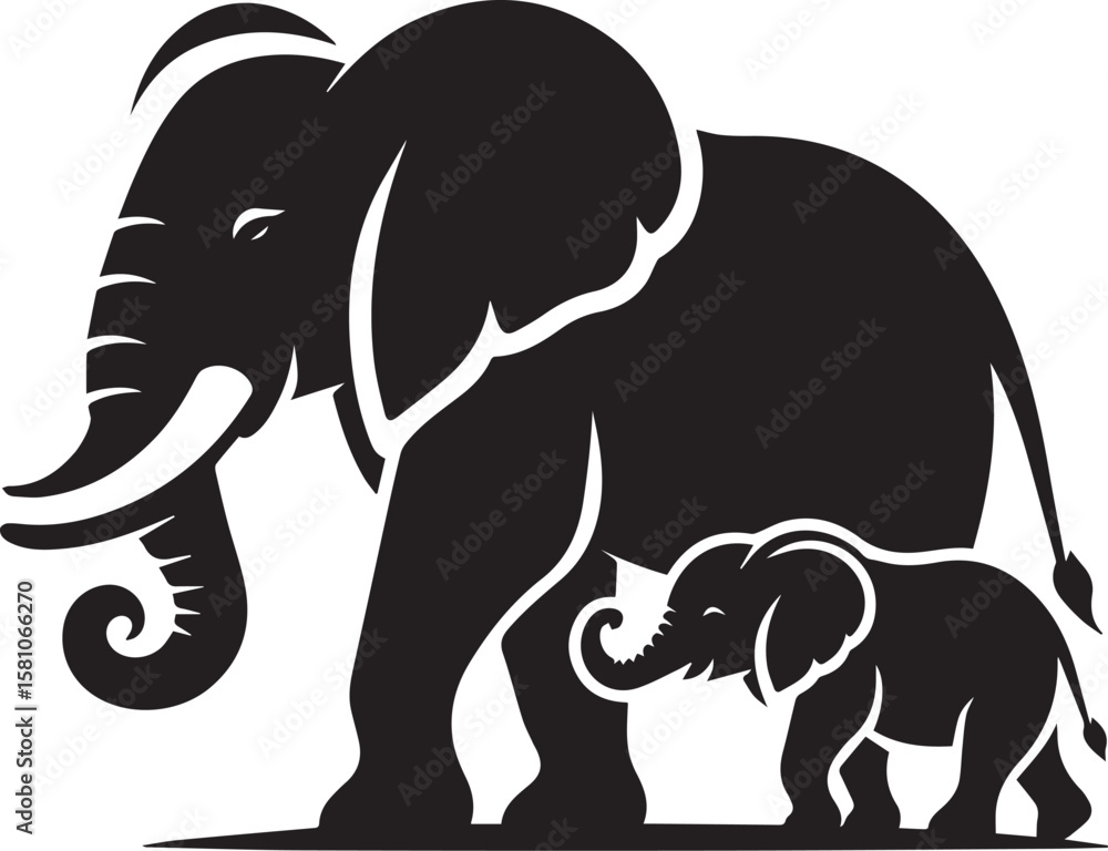 Obraz premium Elephant with Baby Walking in Silhouette