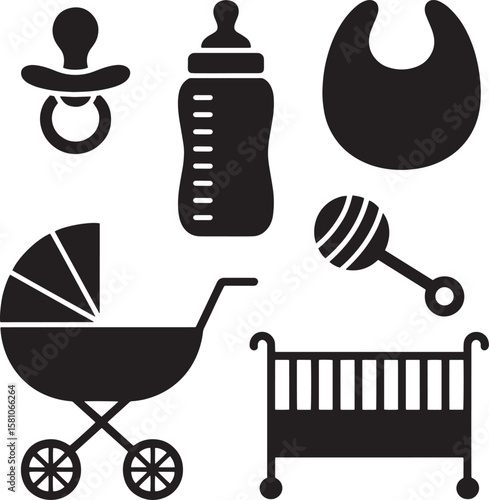 Baby care items including pacifier bottle stroller rattle bib and crib vector