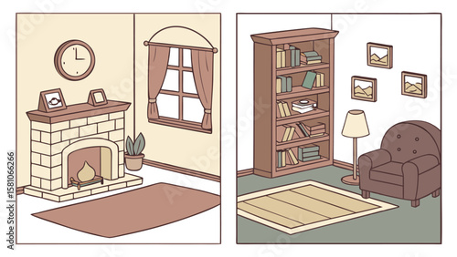 Illustration of a cozy room with a bookshelf, table, rug, and various decorative items inside the room
