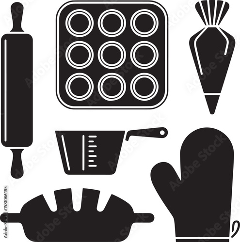 Baking tools rolling pin muffin tin piping bag measuring cup oven mitt vector