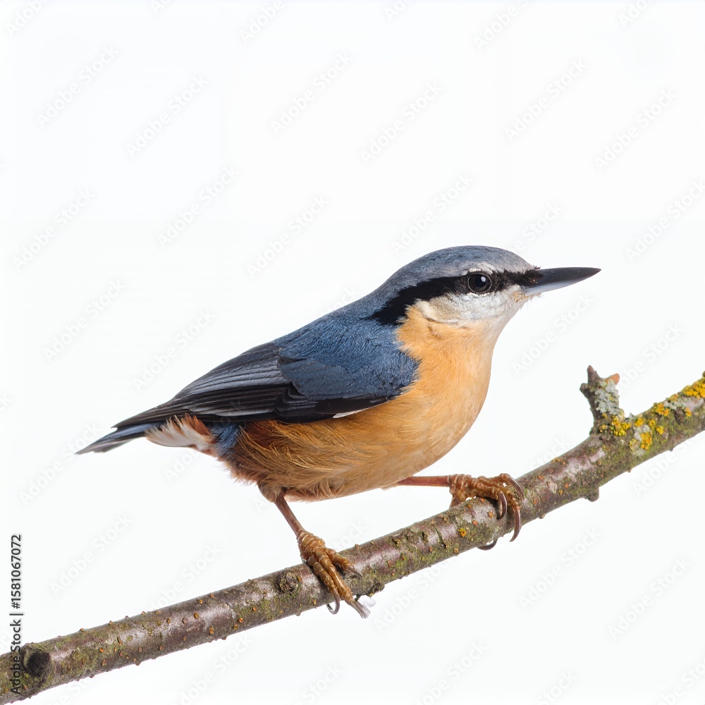 Fototapeta premium Eurasian nuthatch perched gracefully on a delicate branch, contrasting plumage on white background