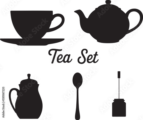 Black silhouette of a tea set with a cup teapot sugar bowl spoon and stirrer vector