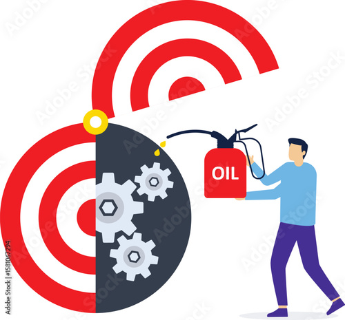 A businessman lubricates the gears of a target board, an illustration of the need to upgrade or maintain targets to stay focused on set objectives.

