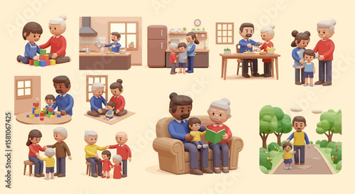 Diverse families enjoying quality time together, engaging in various activities at home and outdoors.