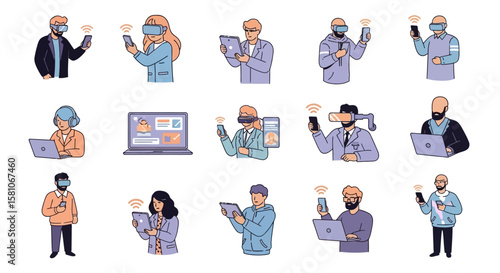 Diverse group of people interacting with technology, using mobile devices, laptops, and virtual reality headsets.