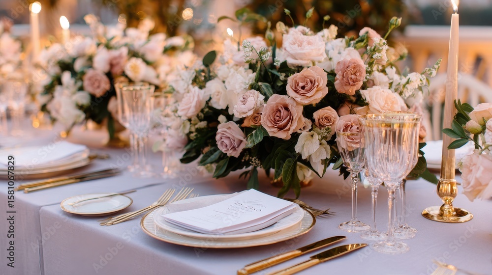 Fototapeta premium Elegant floral centerpiece on a beautifully set dining table for a wedding reception outdoors